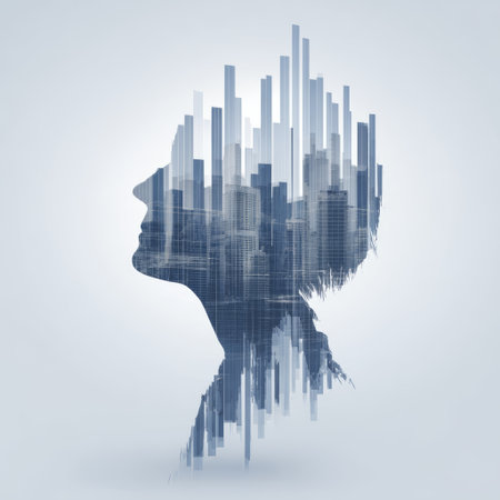 Double exposure silhouette city building urban modern architecture creative concept abstract blending cityscape with human profile futuristic styleの素材