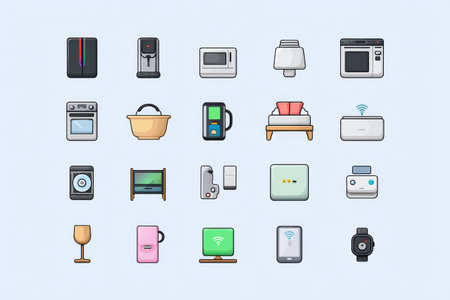 Smart home appliance icon set including oven microwave coffee maker air purifier smart speaker and wearable device modern and colorfulの素材
