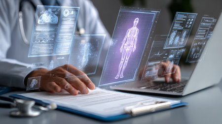 Doctor technology healthcare digital medical futuristic innovation data analysis hospital and patient information in modern workspaceの素材