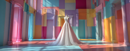 Elegant wedding dress pastel color classical column sunlight luxury fashion architecture romantic interior feminine graceの素材