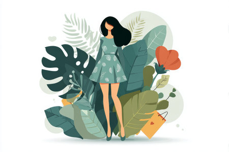 Woman dress leaf pattern green floral shopping bag illustration fashion standing happy nature modern style feminine beauty plant backgroundの素材
