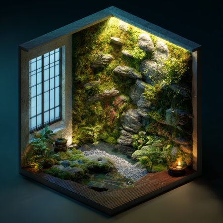 Japanese garden indoor zen moss stone water peaceful natural green relaxation tranquilの素材