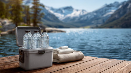 Plastic water bottle cooler towel wooden dock lake mountain outdoor summer travel relaxation Plastic water bottle cooler towel wooden dock lakeの素材