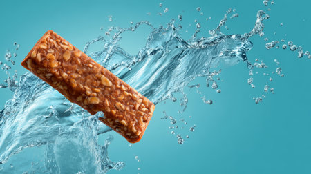 Granola bar nut oat healthy snack splash water blue background granola bar with nuts and oats floats above dynamic water splash blue backgroundの素材