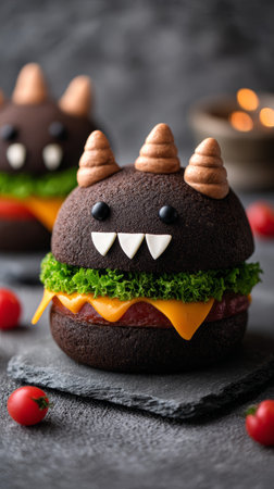 Monster burger with chocolate bun, cheese, lettuce, tomato, and playful horns, decorated for fun and creative food presentationの素材
