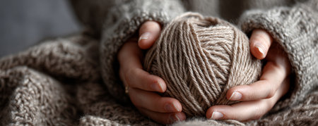Hands holding soft brown yarn ball cozy wool sweater warm texture autumn mood close up comfort knitting relaxationの素材