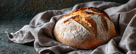 Rustic round bread artisan loaf crusty golden exterior flour dusted on linen cloth cozy homemade fresh bakedの素材