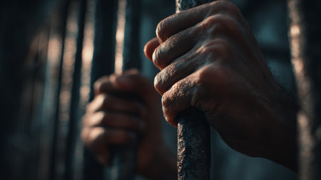 Hands gripping metal prison bars close up dramatic lighting tension confinement human emotion captivity despair hopeの素材