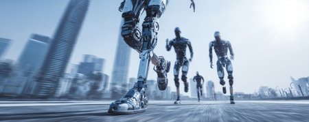 Futuristic robot metallic running city technology competition speed urban innovation dynamic energetic progressの素材