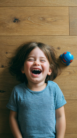 Happy child laughing on wooden floor with blue toy ball, joyful expression, casual clothing, natural light, playful moodの素材