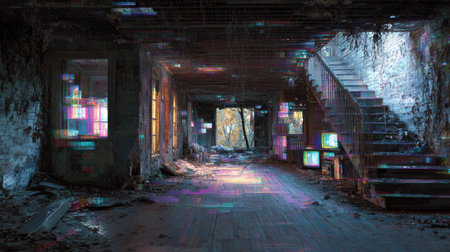 Abandoned building glitch effect digital distortion decayed interior broken staircase eerie mood autumn light ruined structureの素材