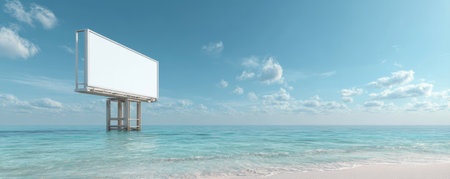 Blank billboard ocean beach sky water summer outdoor advertising empty blue peaceful cloudsの素材