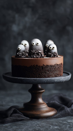 Chocolate cake ghost decoration dark background round dessert spooky Halloween playful sweet treat celebration partyの素材