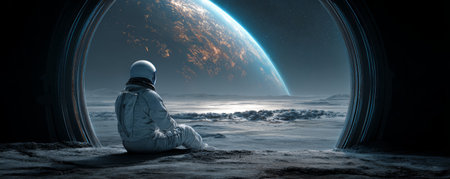 Astronaut space suit sitting moon surface looking at Earth cosmic landscape solitude futuristic exploration peacefulの素材
