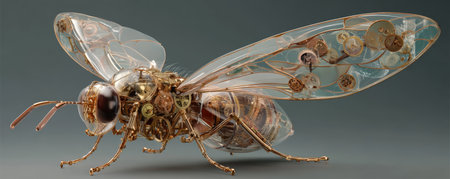 Mechanical insect steampunk bee transparent wing gold gear fantasy intricate detailed creative imaginative surrealの素材