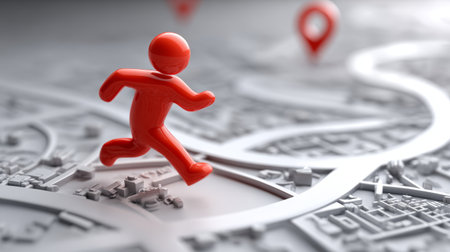 Red figure running map navigation location city journey direction urban energetic movement symbolizes exploration and travelの素材