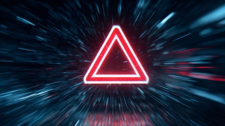 âGlowing red triangle, neon warning sign, futuristic digital style, abstract background, high speed motion, technology conceptâの素材