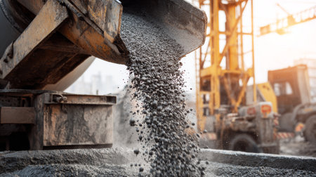Fresh concrete pouring from mixer truck at construction site, industrial machinery, gray gravel texture, outdoor building processの素材