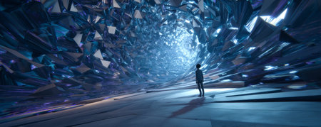 Futuristic tunnel abstract crystal structure blue light surreal environment person silhouette mysterious immersive geometric fantasy awe inspiringの素材