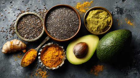 Chia seed turmeric avocado hemp powder ginger healthy food superfood organic fresh nutritionの素材