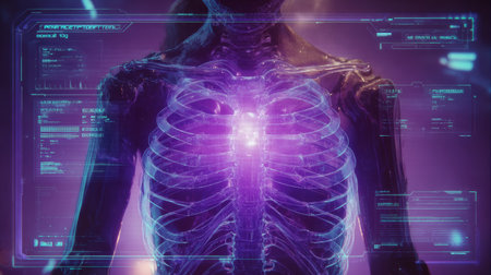Futuristic medical interface, digital chest x ray, glowing ribcage, human skeleton, purple light, technology, healthcare innovationの素材