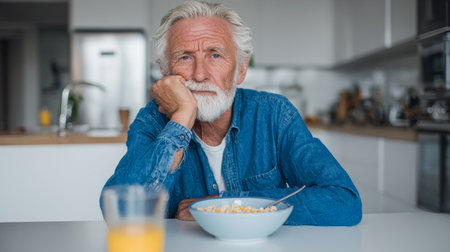 Elderly man with white hair and beard wearing denim shirt sitting at kitchen table with cereal and orange juice, thoughtful expressionの素材