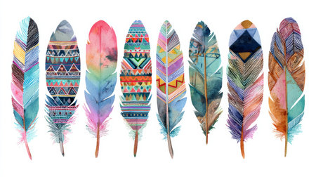 Colorful feather tribal pattern watercolor boho decorative ethnic isolated artistic vibrant hand drawnの素材