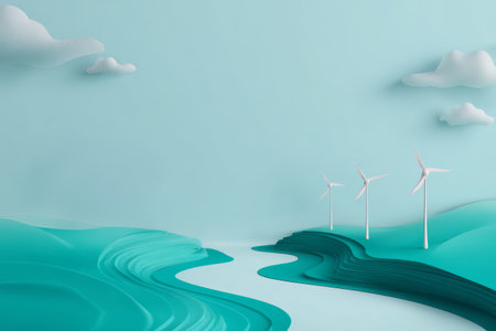 Wind turbine landscape river cloud blue green eco renewable energy environment peaceful sceneの素材