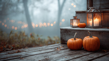 Pumpkin lantern candle autumn wooden step outdoor foggy Halloween decoration Two pumpkins and lanterns with candles rustic wooden steps glowingの素材