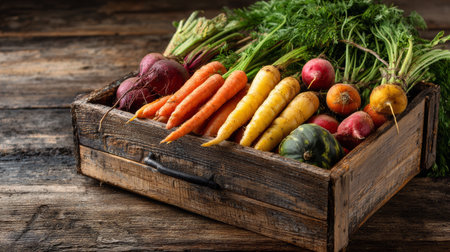 Fresh carrot, beet, radish, and squash in rustic wooden box on wooden table, vibrant organic vegetables, healthy harvestの素材