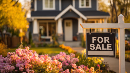 For sale sign house garden blooming flowers residential real estate spring sunlight suburban home exterior create welcoming atmosphereの素材