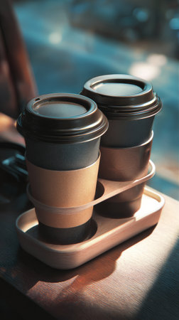 Takeaway coffee cup disposable cup black lid cardboard sleeve wooden tray sunlight morning beverage hot drink eco friendlyの素材