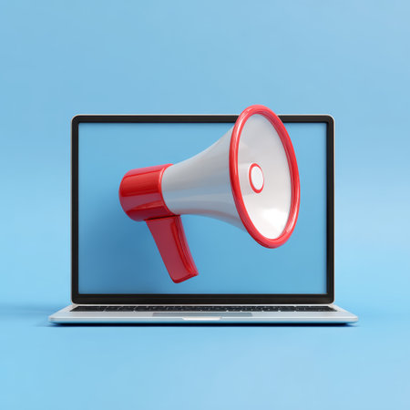 Megaphone laptop communication announcement technology digital blue red alert message. red and white megaphone emerges from laptop screen blueの素材