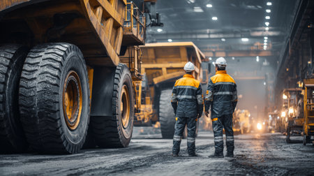 Two workers in safety gear stand in large industrial warehouse with heavy mining trucks, bright lights, and busy atmosphereの素材