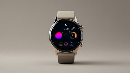 Smartwatch beige strap round face digital display fitness tracker modern minimal health technology isolatedの素材