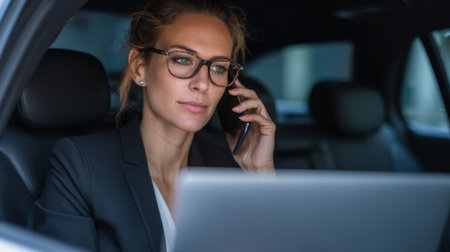 Businesswoman eyeglasses suit working car laptop phone professional confident urbanの素材