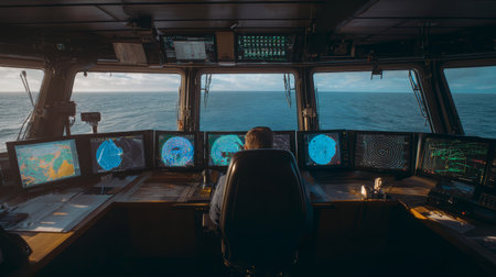 Ship bridge navigation radar control panel ocean technology captain maritime sunrise modern equipment focusの素材