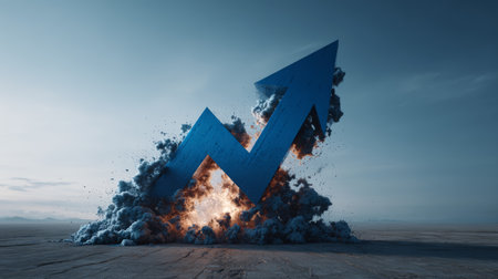 Blue arrow explosion growth progress success business concept dramatic dust sky. Blue arrow symbolizing growth and progress explodes upward withの素材