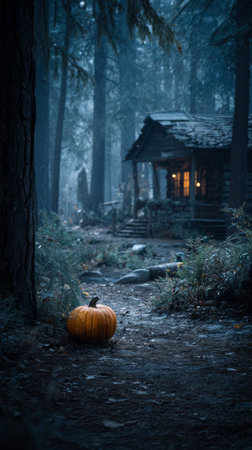 Pumpkin forest cabin autumn path rustic wood evening mysterious moody scene with glowing window and natural surroundingsの素材
