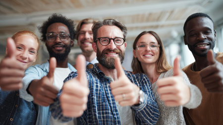 Happy diverse group people thumbs up teamwork smiling office success friendship happy diverse group of people giving thumbs up smiling togetherの素材