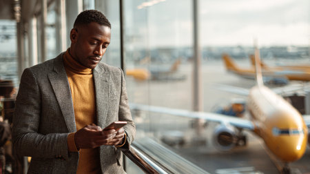 Man airport smartphone window airplane business travel waiting thoughtful modern man modern suit stands by airport window using smartphone whileの素材