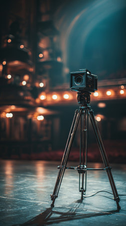Camera tripod stage theater spotlight professional photography equipment dramatic lightingの素材