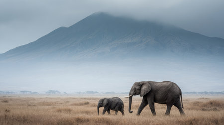 Adult elephant baby elephant savanna mountain misty grassland wildlife Africa nature landscape Two elephants walk peacefully across misty Africanの素材