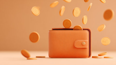 Orange wallet with button closure and gold coins falling around, symbolizing wealth, savings, and financial success in minimal styleの素材
