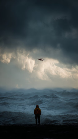 Person stormy sea dramatic sky helicopter rescue waves dark clouds danger solitude hope. person stands shore watching helicopter fly over stormyの素材