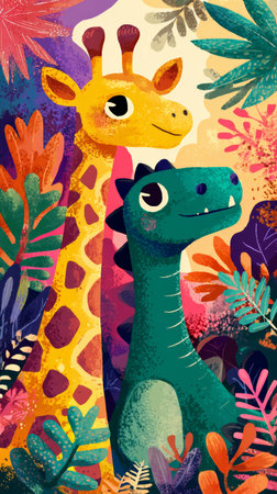 Giraffe dinosaur jungle colorful cartoon animal leaf nature happy illustration. Playful giraffe and dinosaur vibrant jungle with lush leavesの素材
