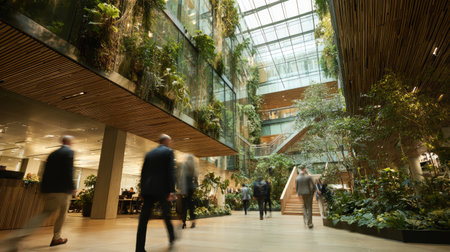 Modern office interior with lush green plants, glass walls, natural light, and people walking, creating vibrant and eco friendly workspaceの素材