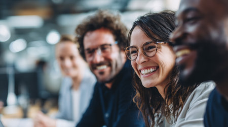 Happy business team diverse colleagues office teamwork smiling professional meeting collaboration success workplaceの素材