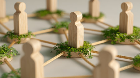 Wooden figure network connection teamwork green sustainability eco friendly collaboration community environmentの素材
