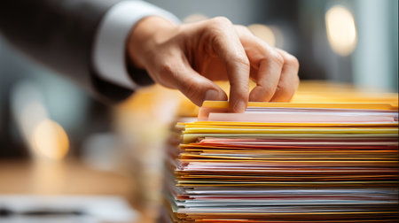 Hand sorting colorful document folder stack, office paperwork organization, business management, focus on fingers, blurred backgroundの素材